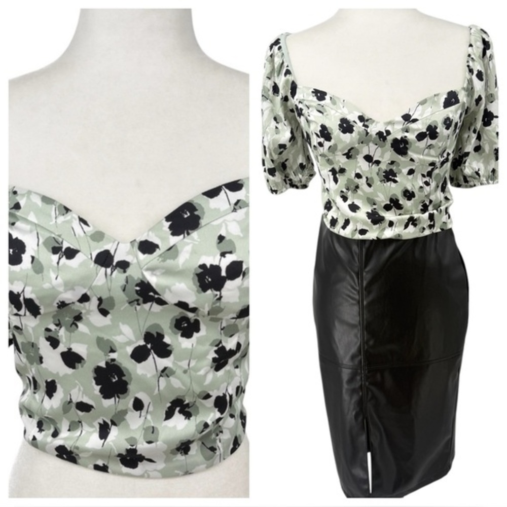 Pretty Princess Floral Puff Sleeve Top - Green and Black